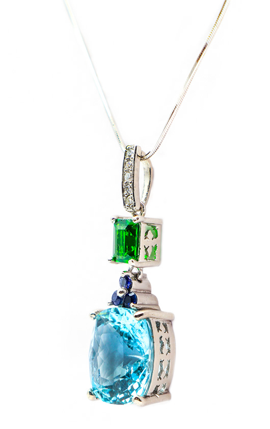Aquarmarine and Tsavorite Pendant with Blue Sapphires and Diamonds in 14k White Gold_IMG_3787_whtbg