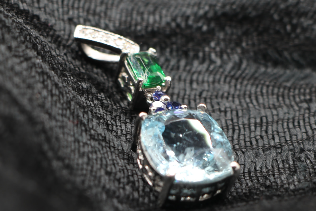 Aquarmarine and Tsavorite Pendant with Blue Sapphires and Diamonds in 14k White Gold