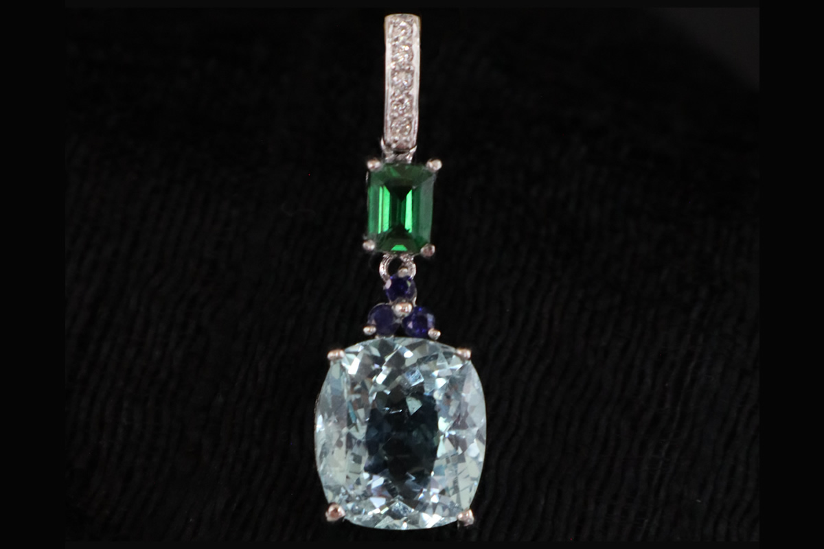 Aquarmarine and Tsavorite Pendant with Blue Sapphires and Diamonds in 14k White Gold