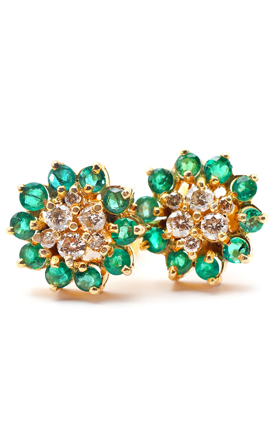 Emerald and Diamond Cluster Stud Earrings in Yellow Gold