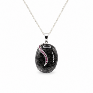 The Cosmic Loom Pendant – Black Rutilated Quartz and Pink Sapphire in Sterling Silver